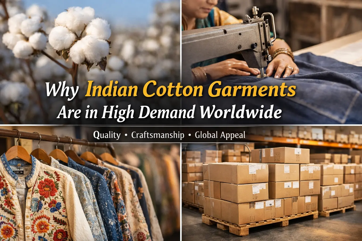 Indian cotton garments manufacturing process showing cotton fabric, stitching, embroidered jackets and packaging for export
