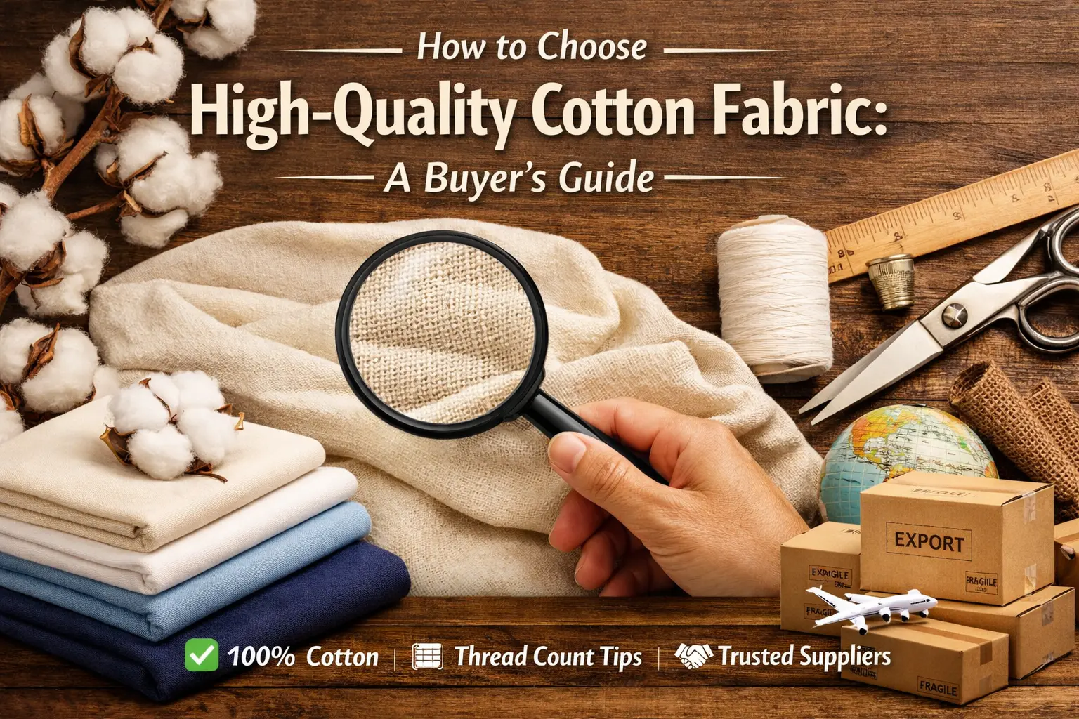 High quality cotton fabric buyer guide showing fabric texture, thread count and export packaging