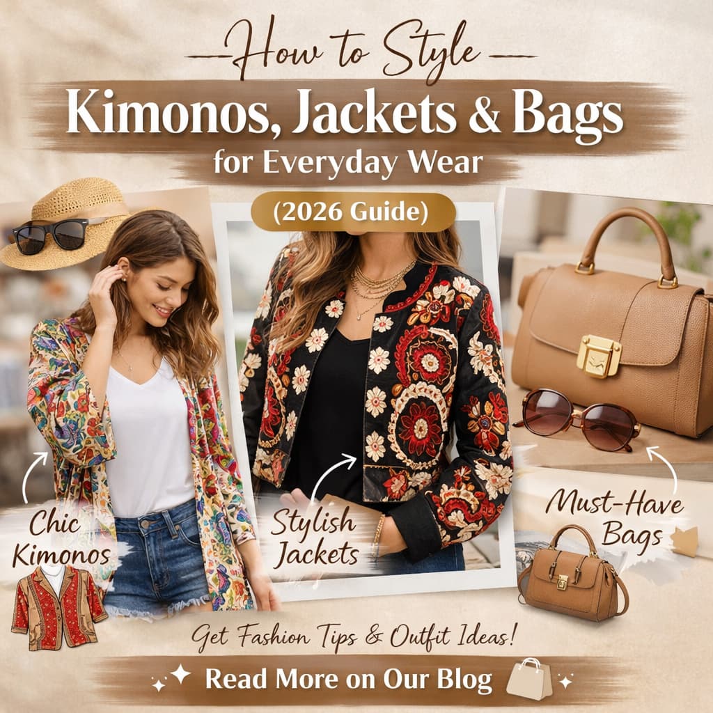 “Woman styling kimono, jacket and bag for everyday fashion look”