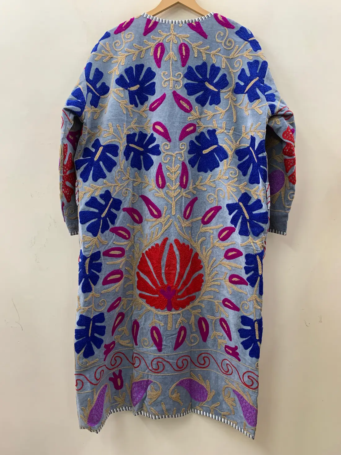 Velvet Suzani Long Kimono Jacket – Boho Embroidered Maxi Coat