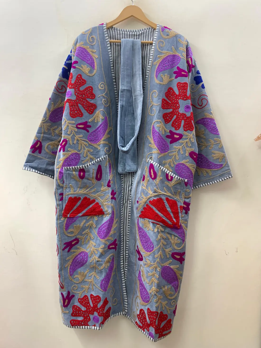 Velvet Suzani Long Kimono Jacket – Boho Embroidered Maxi Coat 2