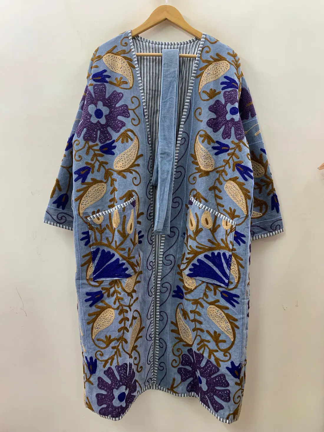 Velvet Embroidered Suzani Long Coat – Bohemian Kimono Jacket