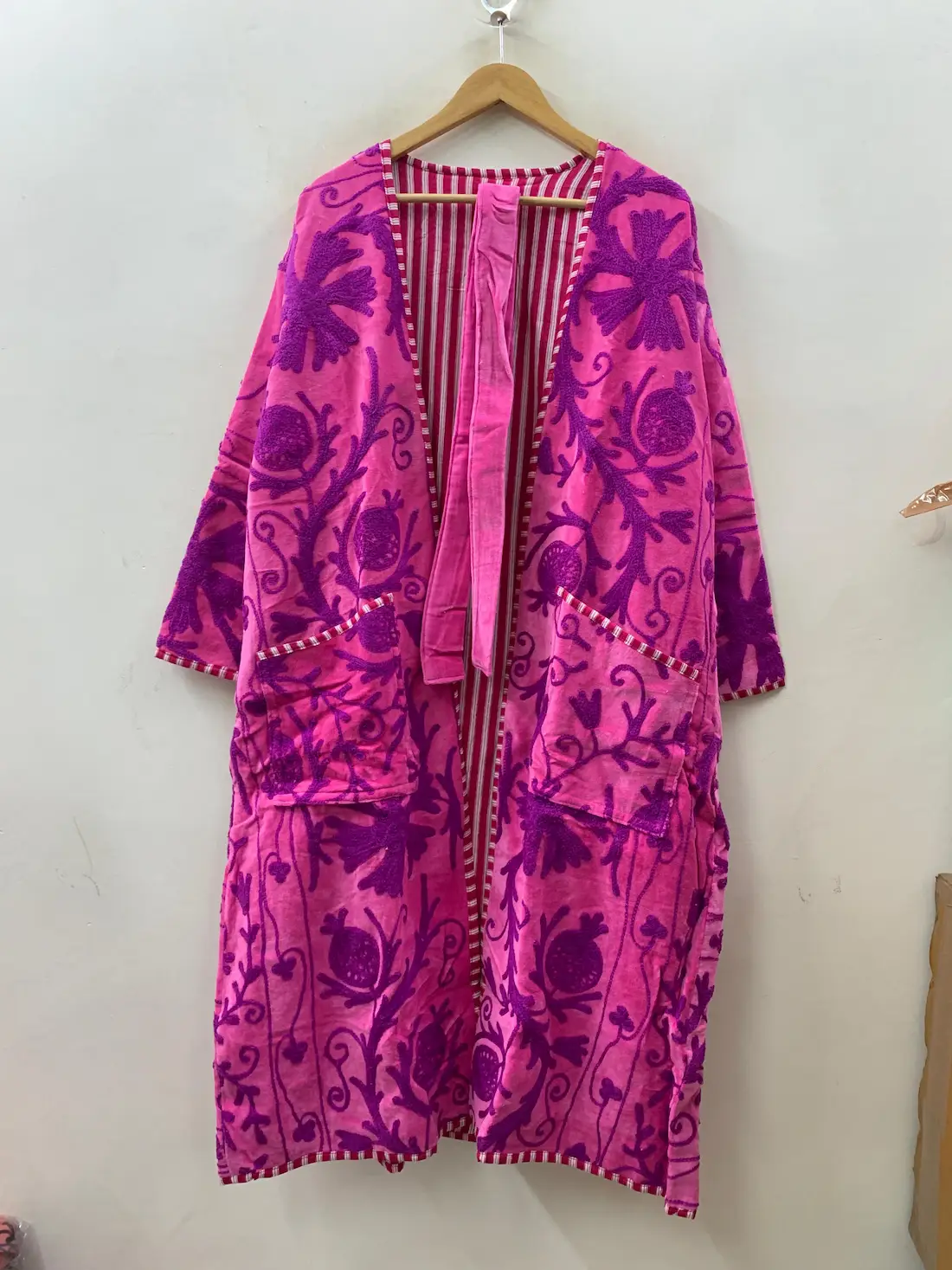 Uzbek Suzani Velvet Long Kimono Jacket – Handmade Boho Coat
