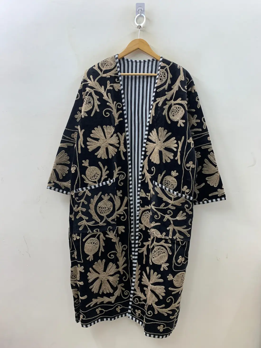 Velvet Suzani Maxi Kimono Jacket – Long Embroidered Boho Coat