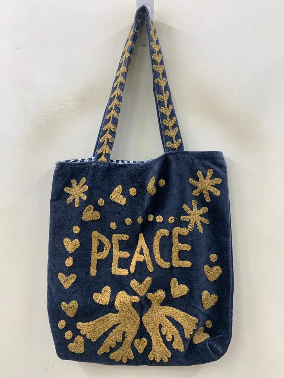 Fashion Velvet Tote Bag with Peace Print
